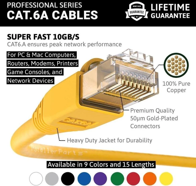 Alt view image 2 of 7 - InstallerParts (10 Pack Ethernet Cable CAT6A Cable UTP Booted 6 FT - Yellow - Professional Series - 10Gigabit/Sec Network/High Speed Internet Cable, 550MHZ
