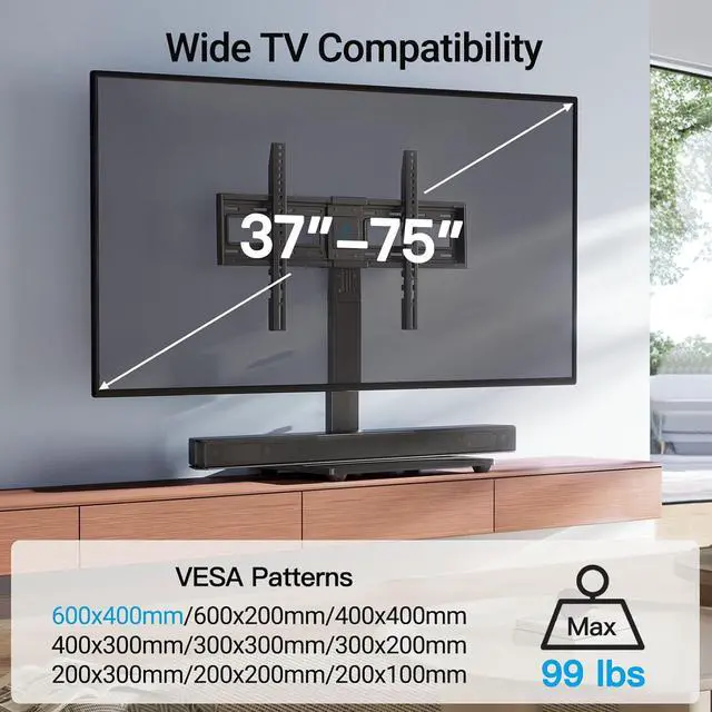 Alt view image 5 of 7 - Universal Swivel TV Stand Base Table Top TV Stand for 37-75 inch LCD LED TVs Height Adjustable TV Mount Stand with Tempered Glass Base VESA 600x400mm Holds up to 99lbs PSTVS13