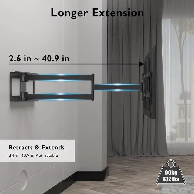 Alt view image 3 of 7 - BONTEC TV Wall Mount with Extra Long Articulated Arm for 32-75 Inch TVs, Holds Up to 132lbs, Full Motion Dual Arm Long Reach TV Bracket with Tilt, Swivel, and Level Adjustment, Max VESA 600x400mm