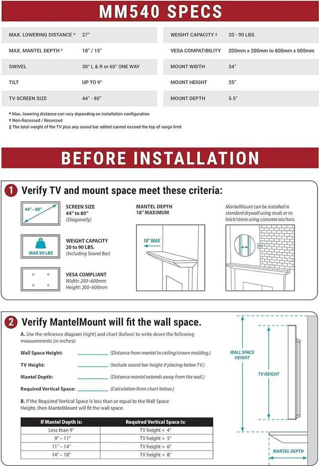 Alt view image 5 of 7 - MantelMount MM540 - Above Fireplace Pull Down TV Mount for 40" to 80" Screen TVs to 90 lbs, with Patented auto-straightening, Adjustable Stops, Heat Sensor Handles & Paintable Covers