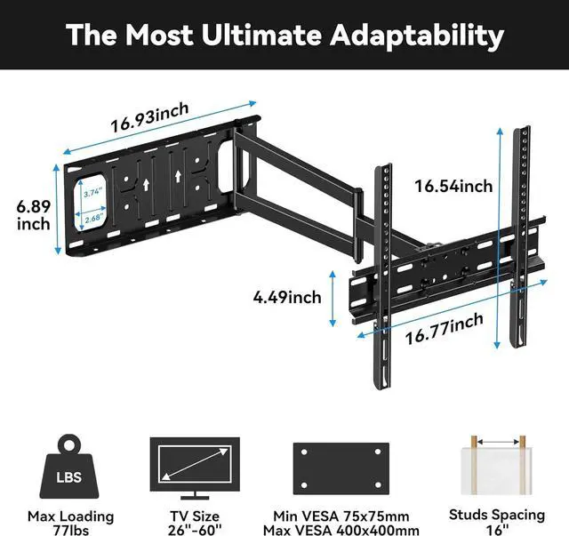 Alt view image 5 of 7 - FORGING MOUNT Long Arm TV Wall Mount for Most 26-65 Inch Flat Curved TVs, 25.6inch Full Motion Extension Articulating Arms, Swivel, Tilt TV Bracket Corner TV Mount Fits Max VESA 400x400mm up to 77lbs