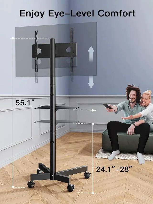 Alt view image 2 of 7 - Mobile TV Cart with Wheels for 23-60 Inch LCD LED OLED Flat Curved Screen Outdoor TVs Height Adjustable Shelf Floor Stand Holds up to 55lbs Monitor TV Holder with Tray Max VESA 400x400mm