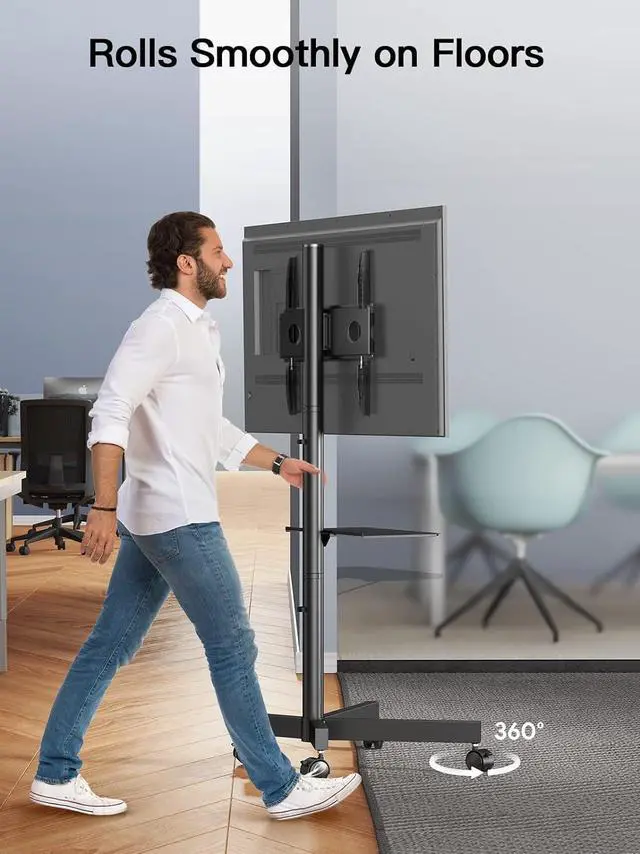 Alt view image 5 of 7 - Mobile TV Cart with Wheels for 23-60 Inch LCD LED OLED Flat Curved Screen Outdoor TVs Height Adjustable Shelf Floor Stand Holds up to 55lbs Monitor TV Holder with Tray Max VESA 400x400mm