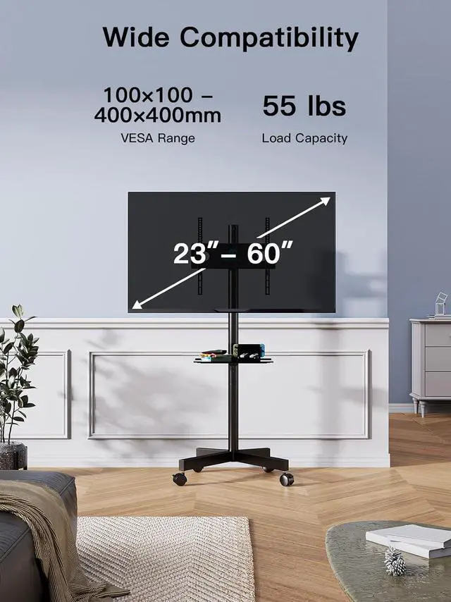 Alt view image 7 of 7 - Mobile TV Cart with Wheels for 23-60 Inch LCD LED OLED Flat Curved Screen Outdoor TVs Height Adjustable Shelf Floor Stand Holds up to 55lbs Monitor TV Holder with Tray Max VESA 400x400mm