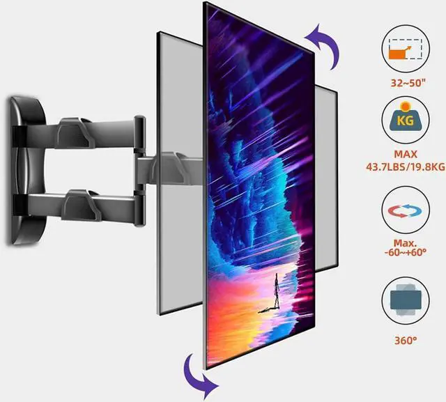 Alt view image 2 of 6 - Vertical and Horizontal TV Wall Mount Swivel Tilt Rotate Arm Fits Most 32 42 43 50 inch Flat Curved Screen, Full Motion 90 Degree Bracket, Max VESA 400x400mm Up to 44lbs DY3255