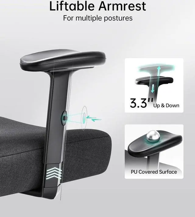 Alt view image 4 of 7 - Hbada P3 Ergonnomic Office Chair with 2D Adjustable Lumbar Support, Office Chair with Adjustable Headrest and Armrest, 145° Stepless Tilt Function, Black(No Footrest)