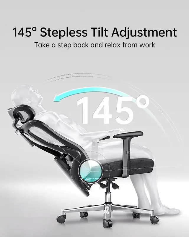 Alt view image 5 of 7 - Hbada P3 Ergonnomic Office Chair with 2D Adjustable Lumbar Support, Office Chair with Adjustable Headrest and Armrest, 145° Stepless Tilt Function, Black(No Footrest)