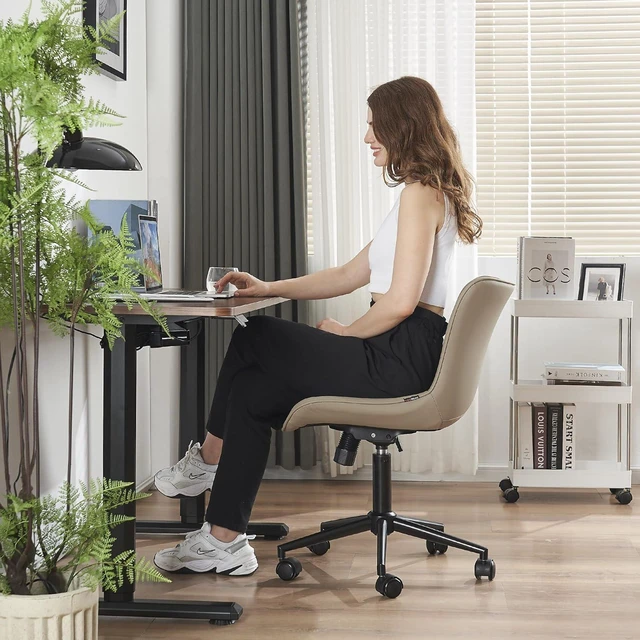 Alt view image 5 of 7 - YOUTASTE Home Office Desk Chair Modern Stylish Streamlined Vanity Chair, Rocking Swivel Lounge Chair, Height Adjustable Ergonomic Computer Task Chairs Faux Leather with Wheels,Khaki