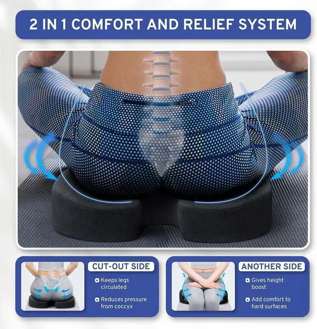 Alt view image 2 of 7 - Memory Foam Seat Cushion - Tailbone Pain Relief Cushion, Non-Slip Sciatica Pain Relief Pillow - for Office Chair, Car, Wheelchair, Computer, Desk Chair - Coccyx, Lower Back Support (Black)
