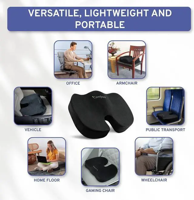 Alt view image 5 of 7 - Memory Foam Seat Cushion - Tailbone Pain Relief Cushion, Non-Slip Sciatica Pain Relief Pillow - for Office Chair, Car, Wheelchair, Computer, Desk Chair - Coccyx, Lower Back Support (Black)
