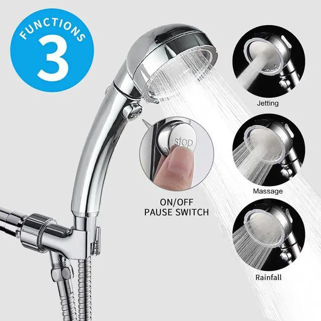Alt view image 3 of 6 - KAIYING Chrome High Pressure Handheld Shower Head with ON/OFF Pause Switch, 3 Spray Modes Shower Wand with Shut Off Button, Removable Camper Shower Head with Hose and Adjustable Angle Bracket