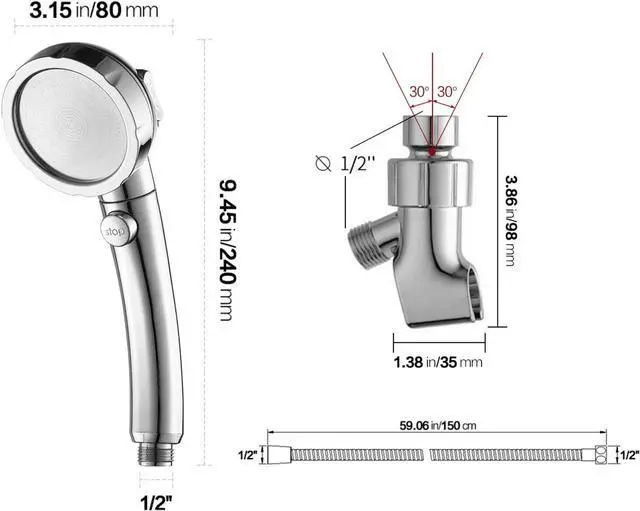 Alt view image 2 of 6 - KAIYING Chrome High Pressure Handheld Shower Head with ON/OFF Pause Switch, 3 Spray Modes Shower Wand with Shut Off Button, Removable Camper Shower Head with Hose and Adjustable Angle Bracket