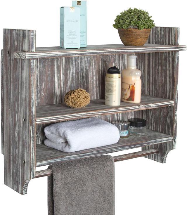 MyGift Wall-Mounted Rustic Gray Wood 3-Tier Bathroom Organizer Shelf Rack with 23 inch Hand Towel Bar