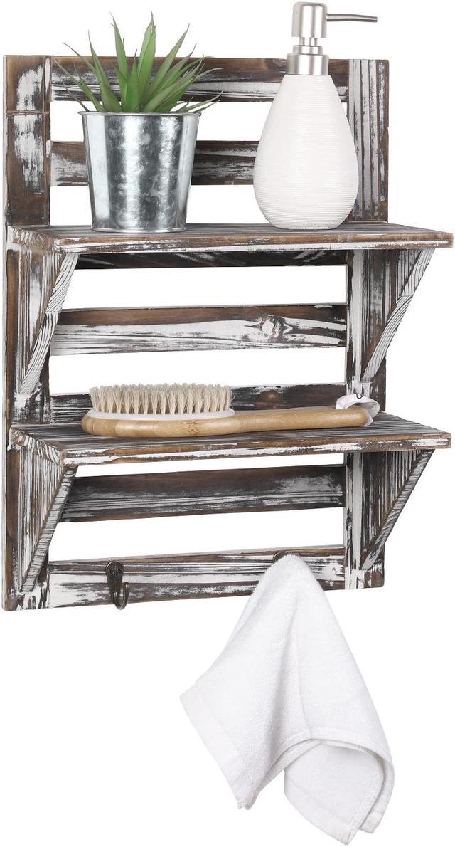 MyGift Rustic Wood Wall Mounted Organizer Shelves w/2 Hooks, 2-Tier Storage Rack