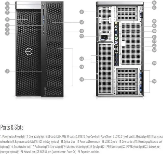 Alt view image 7 of 7 - "Dell Precision 7920 Tower Workstation, VR CG AI 4K Editing Rendering, 2X Intel Xeon Gold 6130 up to 3.7GHz (32-Cores), 192GB DDR4, 2X 1TB SSD + 2X 4TB HDD, Quadro P1000 4GB, Windows 10 Pro 
"