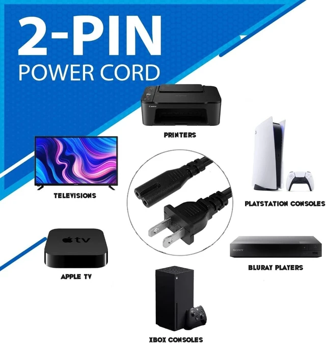 Alt view image 4 of 7 - AC Power Cord 2 Prong Cable for PS 5 4 3 2 Slim XBOX PC Laptop PSV Monitor TV