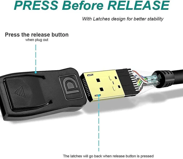 Alt view image 6 of 7 - Displayport to Display Port Cable DP Male to Male Cord 4K HD w/ Latches 6ft/10ft