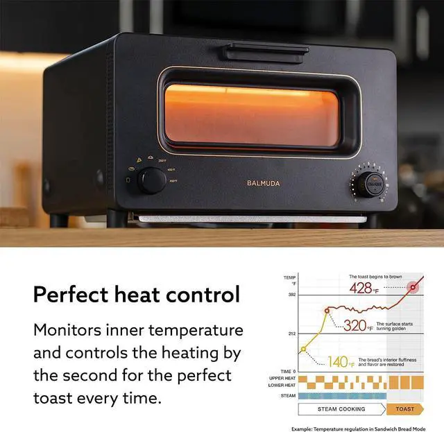 Alt view image 3 of 7 - BALMUDA The Toaster | Steam Oven Toaster | 5 Cooking Modes - Sandwich Bread, Artisan Bread, Pizza, Pastry, Oven | Compact Design | Baking Pan | K01M-KG | Black | US Version