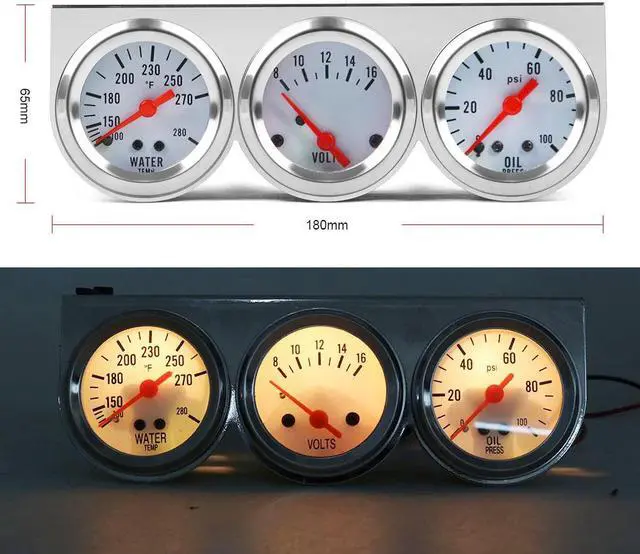 Alt view image 2 of 6 - Dynoracing 2inch 52MM Triple Gauge kit Volt Meter Water Temp Temperature Gauge Oil Press Pressure Gauge Car Meter