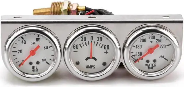Alt view image 5 of 7 - 2'' inch 52mm Chrome Panel Oil Pressure Gauge Water Temp Gauge Amp Meter Triple Gauge kit Set White Face Car Meter