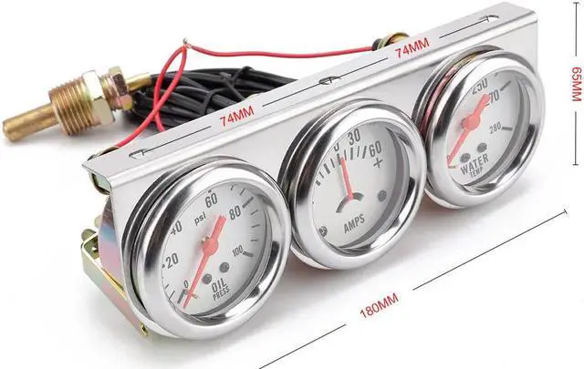 Alt view image 2 of 7 - 2'' inch 52mm Chrome Panel Oil Pressure Gauge Water Temp Gauge Amp Meter Triple Gauge kit Set White Face Car Meter