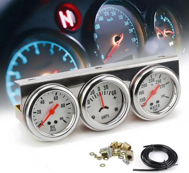 Main image of 2'' inch 52mm Chrome Panel Oil Pressure Gauge Water Temp Gauge Amp Meter Triple Gauge kit Set White Face Car Meter