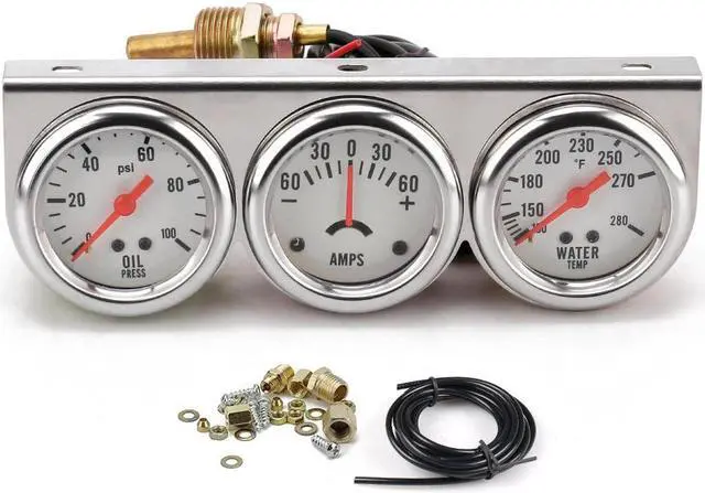 Alt view image 4 of 7 - 2'' inch 52mm Chrome Panel Oil Pressure Gauge Water Temp Gauge Amp Meter Triple Gauge kit Set White Face Car Meter