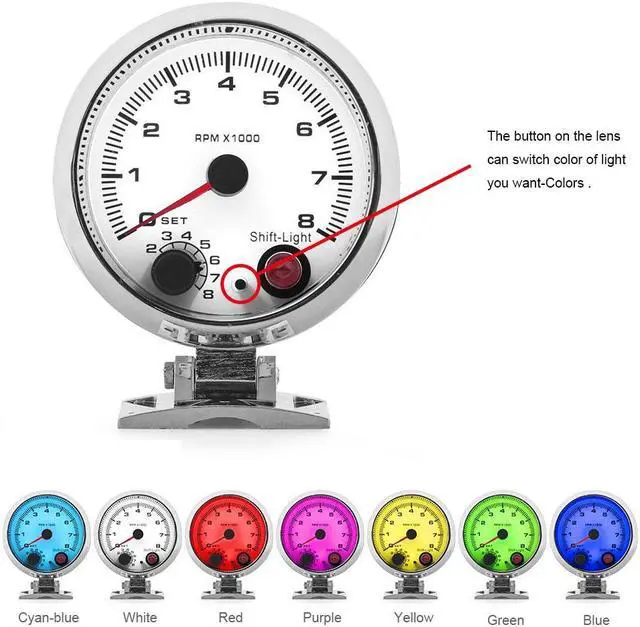 Alt view image 5 of 7 - 3.75'' Racing Tachometer Gauge Tacho Meter 7 Color LED Shift Light 0-8000 RPM