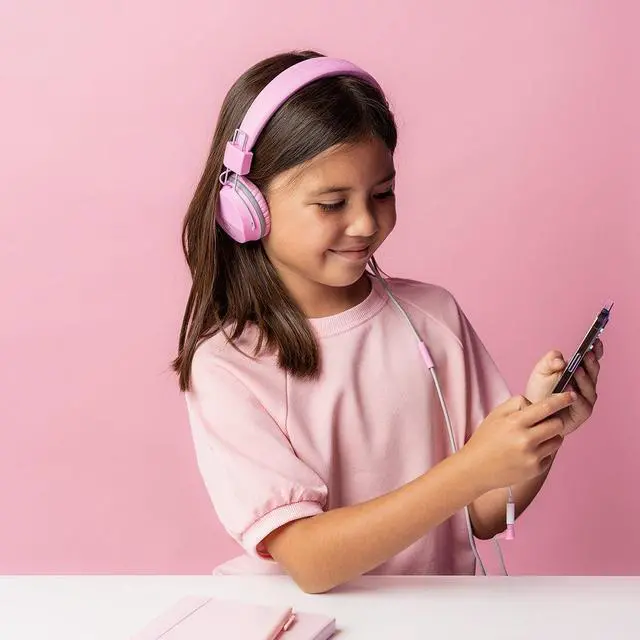 Alt view image 2 of 6 - JLab JBuddies Studio On-Ear Kids Wired Headphones, For School & Travel, 3.5mm Plug, Kid Safe, Studio Volume Safe, Volume Limiter, Folding, Adjustable, Noise Isolation, with Mic, Pink/Graphite