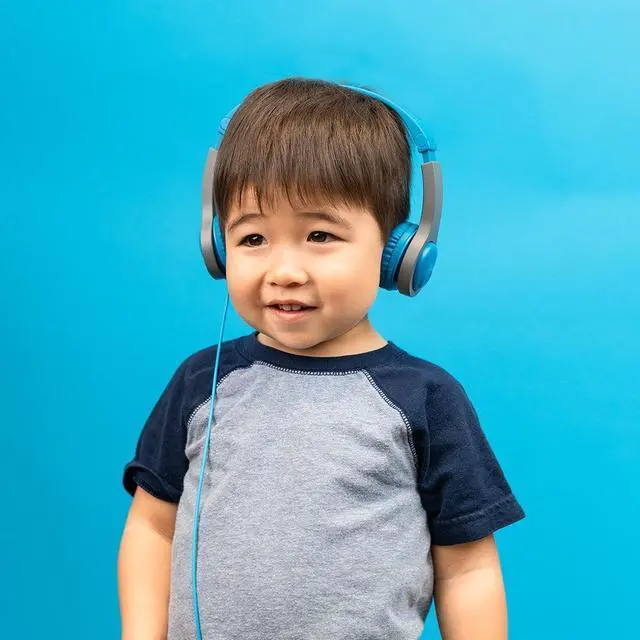 Alt view image 4 of 7 - JLab JBuddies Folding Kids Wired Headphones Gen 2, Blue/Grey, Toddler Headphones, Noise Isolation, Kids Safe, Volume Limiting Headphones, Headphones for Children Ages 2+
