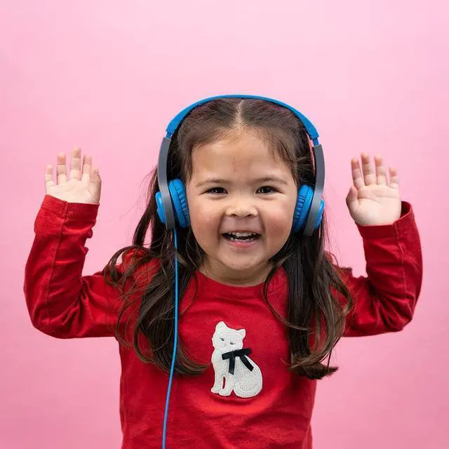 Alt view image 6 of 7 - JLab JBuddies Folding Kids Wired Headphones Gen 2, Blue/Grey, Toddler Headphones, Noise Isolation, Kids Safe, Volume Limiting Headphones, Headphones for Children Ages 2+