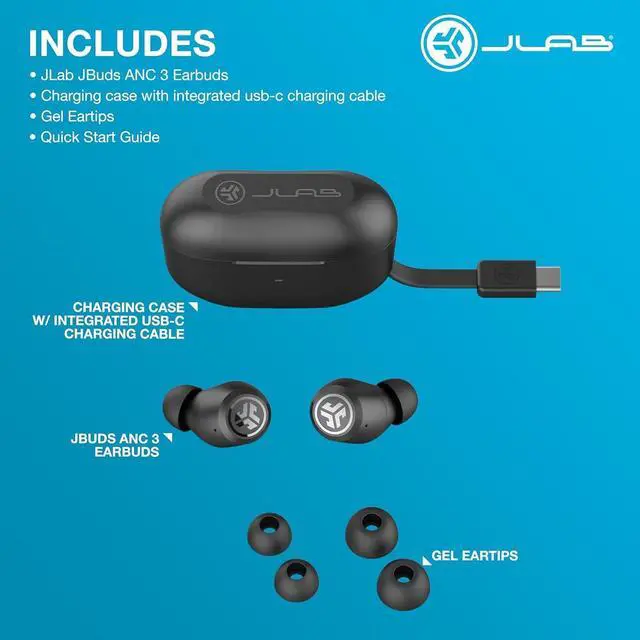 Alt view image 7 of 7 - JLab JBuds ANC 3 True Wireless Earbuds with Charging Case, 42+ Hours of Total Playtime, 9+ Hours Per Charge, Smart Active Noise Canceling, Custom Sound Via App, Multipoint Connect, Google Fast Pair