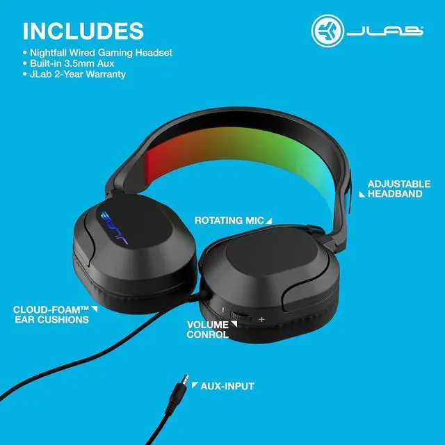 Alt view image 7 of 7 - JLab Nightfall Wired Gaming Headset, 50mm Dynamic Driver, Cloud Foam earcups, Wired 3.5mm connection, PC/Mac, Xbox, PS, Nintendo Switch Compatible, TeamSpeak Certified , Rotating Boom Mic