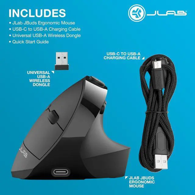Alt view image 7 of 7 - JLab JBuds 2.4G Wireless, Bluetooth Vertical Ergonomic Optical Mouse, 1200 / 1600 / 2000 / 2400 DPI, 7 Buttons for Laptop, Desktop, PC, Macbook - Black