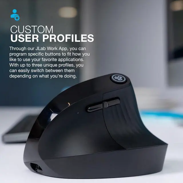 Alt view image 2 of 7 - JLab JBuds 2.4G Wireless, Bluetooth Vertical Ergonomic Optical Mouse, 1200 / 1600 / 2000 / 2400 DPI, 7 Buttons for Laptop, Desktop, PC, Macbook - Black
