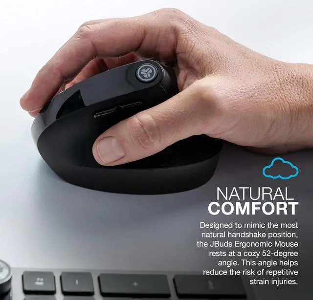 Alt view image 5 of 7 - JLab JBuds 2.4G Wireless, Bluetooth Vertical Ergonomic Optical Mouse, 1200 / 1600 / 2000 / 2400 DPI, 7 Buttons for Laptop, Desktop, PC, Macbook - Black