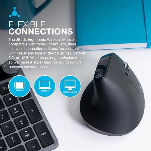 Alt view image 4 of 7 - JLab JBuds 2.4G Wireless, Bluetooth Vertical Ergonomic Optical Mouse, 1200 / 1600 / 2000 / 2400 DPI, 7 Buttons for Laptop, Desktop, PC, Macbook - Black
