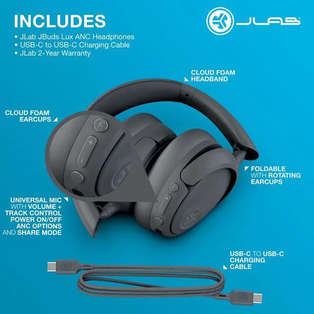 Alt view image 7 of 7 - JLab JBuds Lux ANC Wireless Headphones, Smart Active Noise Cancelling, Customizable Sound, Spatial Audio & Bluetooth LE Audio Compatible, Premium Over-Ear Bluetooth Headset, Foldable, Graphite