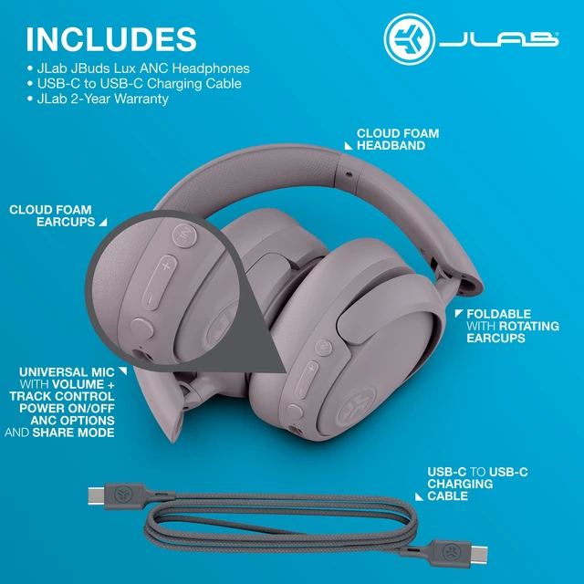 Alt view image 7 of 7 - JLab JBuds Lux ANC Wireless Headphones, Smart Active Noise Cancelling, Customizable Sound, Spatial Audio & Bluetooth LE Audio Compatible, Premium Over-Ear Bluetooth Headset, Foldable, Mauve