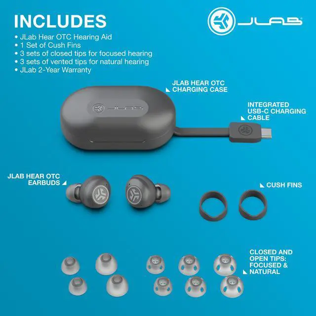 Alt view image 7 of 7 - JLab Hear OTC Hearing Aid & Wireless Earbuds, Traditional Earbud Fit, Bluetooth 5.3, Connect to iOS or Android Devices, Four Preset Hearing Modes, In-Ear Detection, Graphite