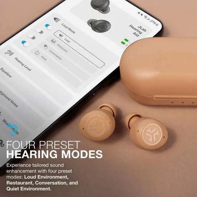 Alt view image 5 of 7 - JLab Hear OTC Hearing Aid & Wireless Earbuds, Traditional Earbud Fit, Bluetooth 5.3, Connect to iOS or Android Devices, Four Preset Hearing Modes, In-Ear Detection, Beige