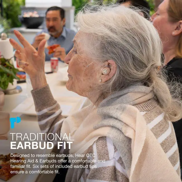 Alt view image 4 of 7 - JLab Hear OTC Hearing Aid & Wireless Earbuds, Traditional Earbud Fit, Bluetooth 5.3, Connect to iOS or Android Devices, Four Preset Hearing Modes, In-Ear Detection, Beige