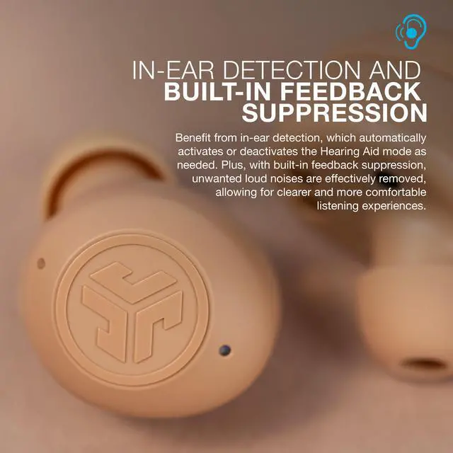 Alt view image 6 of 7 - JLab Hear OTC Hearing Aid & Wireless Earbuds, Traditional Earbud Fit, Bluetooth 5.3, Connect to iOS or Android Devices, Four Preset Hearing Modes, In-Ear Detection, Beige
