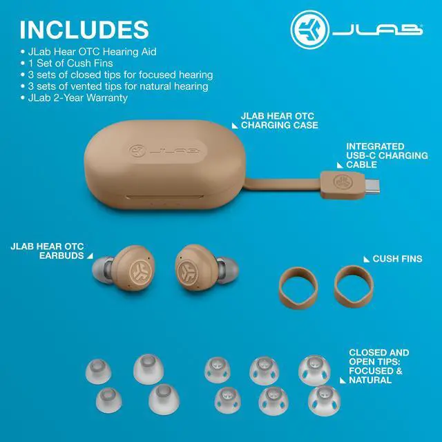 Alt view image 7 of 7 - JLab Hear OTC Hearing Aid & Wireless Earbuds, Traditional Earbud Fit, Bluetooth 5.3, Connect to iOS or Android Devices, Four Preset Hearing Modes, In-Ear Detection, Beige