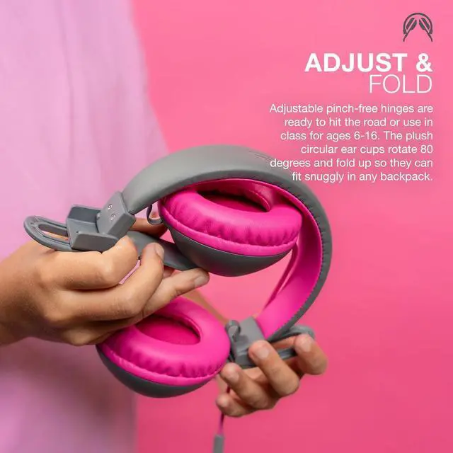 Alt view image 3 of 7 - JLab JBuddies Studio 2 On-Ear Kids Wired Headphones, Grey/Pink, Toddler Headphones, Kid Safe, Studio Volume Safe, Volume Limiter, Folding, Adjustable, Noise Isolation, with Mic