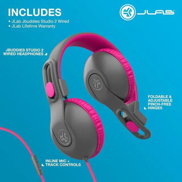Alt view image 5 of 7 - JLab JBuddies Studio 2 On-Ear Kids Wired Headphones, Grey/Pink, Toddler Headphones, Kid Safe, Studio Volume Safe, Volume Limiter, Folding, Adjustable, Noise Isolation, with Mic