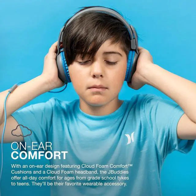 Alt view image 6 of 7 - JLab JBuddies Studio 2 On-Ear Kids Wired Headphones, Grey/Blue, Toddler Headphones, Kid Safe, Studio Volume Safe, Volume Limiter, Folding, Adjustable, Noise Isolation, with Mic