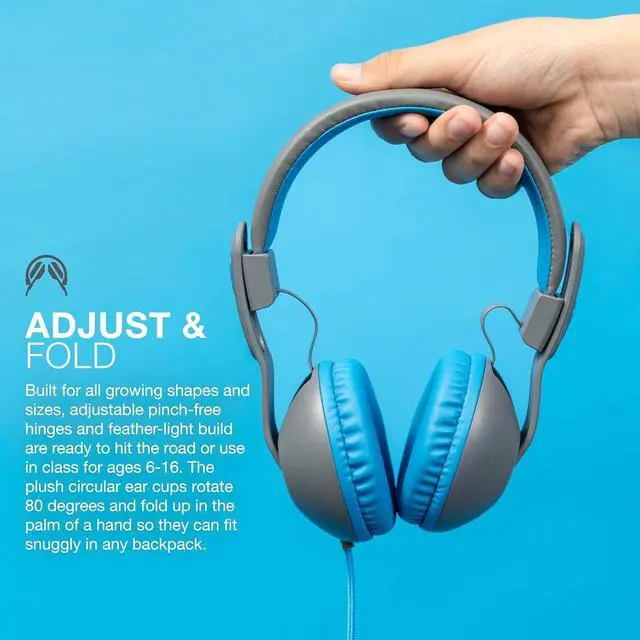 Alt view image 3 of 7 - JLab JBuddies Studio 2 On-Ear Kids Wired Headphones, Grey/Blue, Toddler Headphones, Kid Safe, Studio Volume Safe, Volume Limiter, Folding, Adjustable, Noise Isolation, with Mic