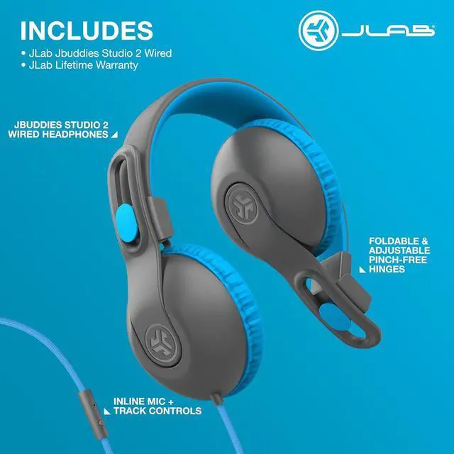 Alt view image 5 of 7 - JLab JBuddies Studio 2 On-Ear Kids Wired Headphones, Grey/Blue, Toddler Headphones, Kid Safe, Studio Volume Safe, Volume Limiter, Folding, Adjustable, Noise Isolation, with Mic