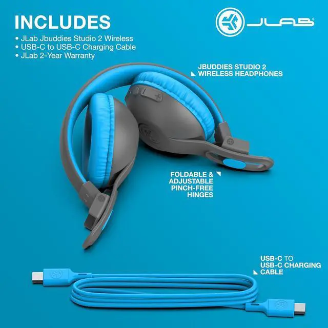 Alt view image 7 of 7 - JLab JBuddies Studio 2 Two-In-One Wireless & Wired On-ear Kids Headphones, Bluetooth, Volume Safe, with Microphone, Blue/Gray